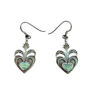 Heart Abalone Dangle Earrings Sterling Silver Boho Victorian Filigree Folk Art